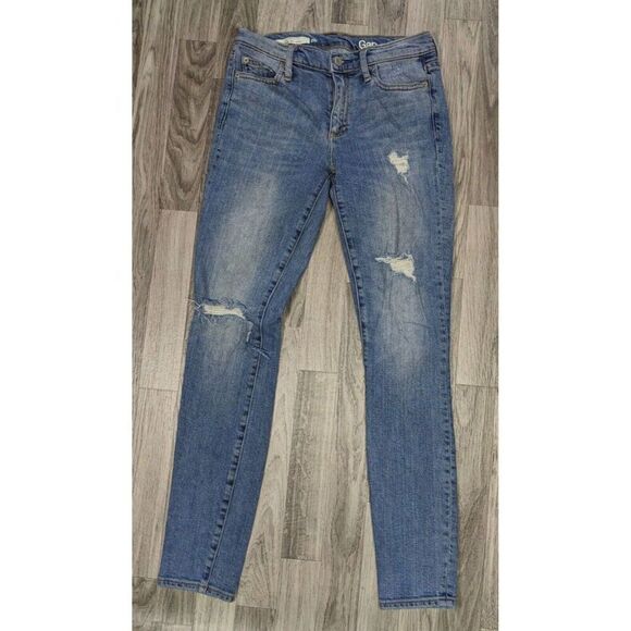 Gap 1969 Womens Sized 25 R Authentic True Skinny Distressed Denim Blue Jeans - Picture 1 of 12